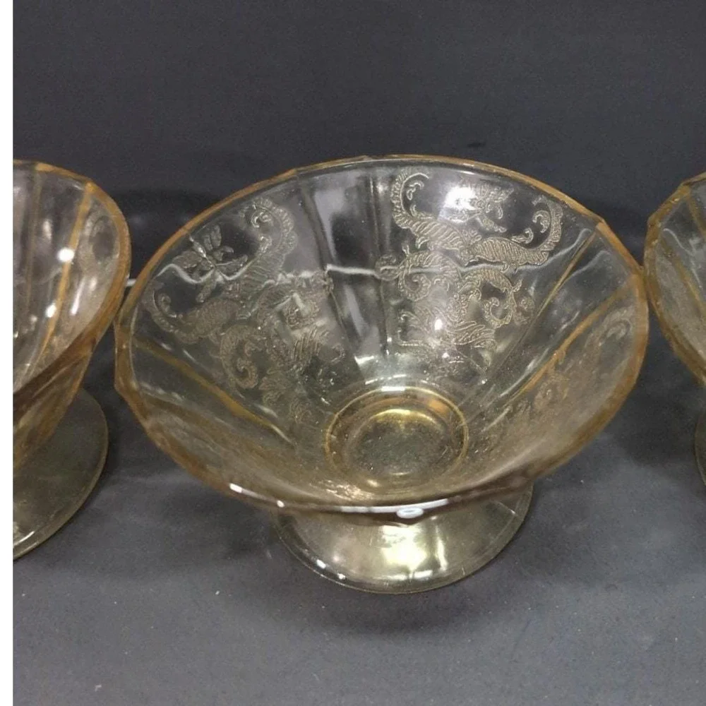 Federal‎ Glass Madrid Amber Sherbet Glasses, Set of 4, Vintage Etched Glassware